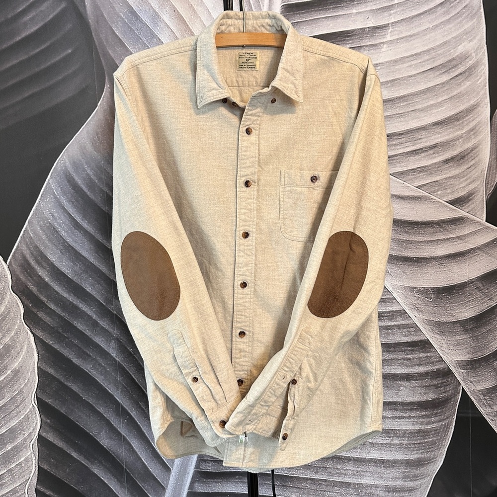 J. Crew Men’s L Work Shirt Flannel Cream Button Down Elbow Patches